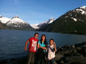 My 3 kids at Portage Lake. You can see the glacier in the background. When I was a child, the glacier was in the lake near the bank. (photo 2012)